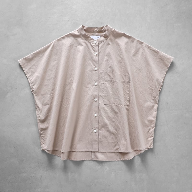 【HUIS.】タグありオーガニックコットンバンドカラー半袖ワイドブラウスネイビー HUIS | オーガニックコットンバンドカラー半袖ワイドブラウス