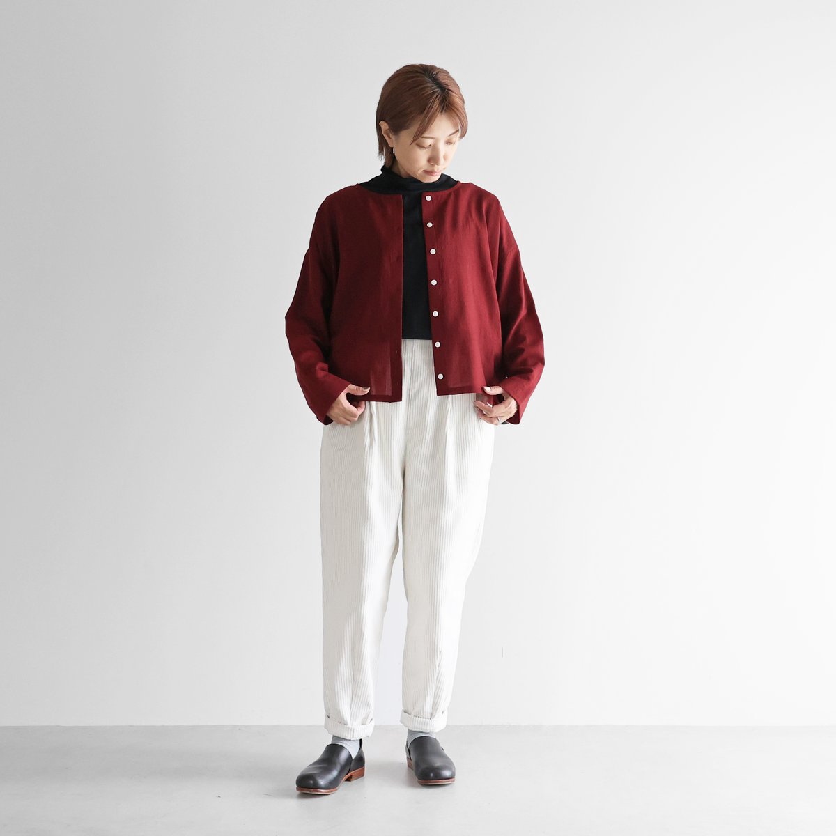 ウォッシャブルウールショートカーディガン（ダークレッド