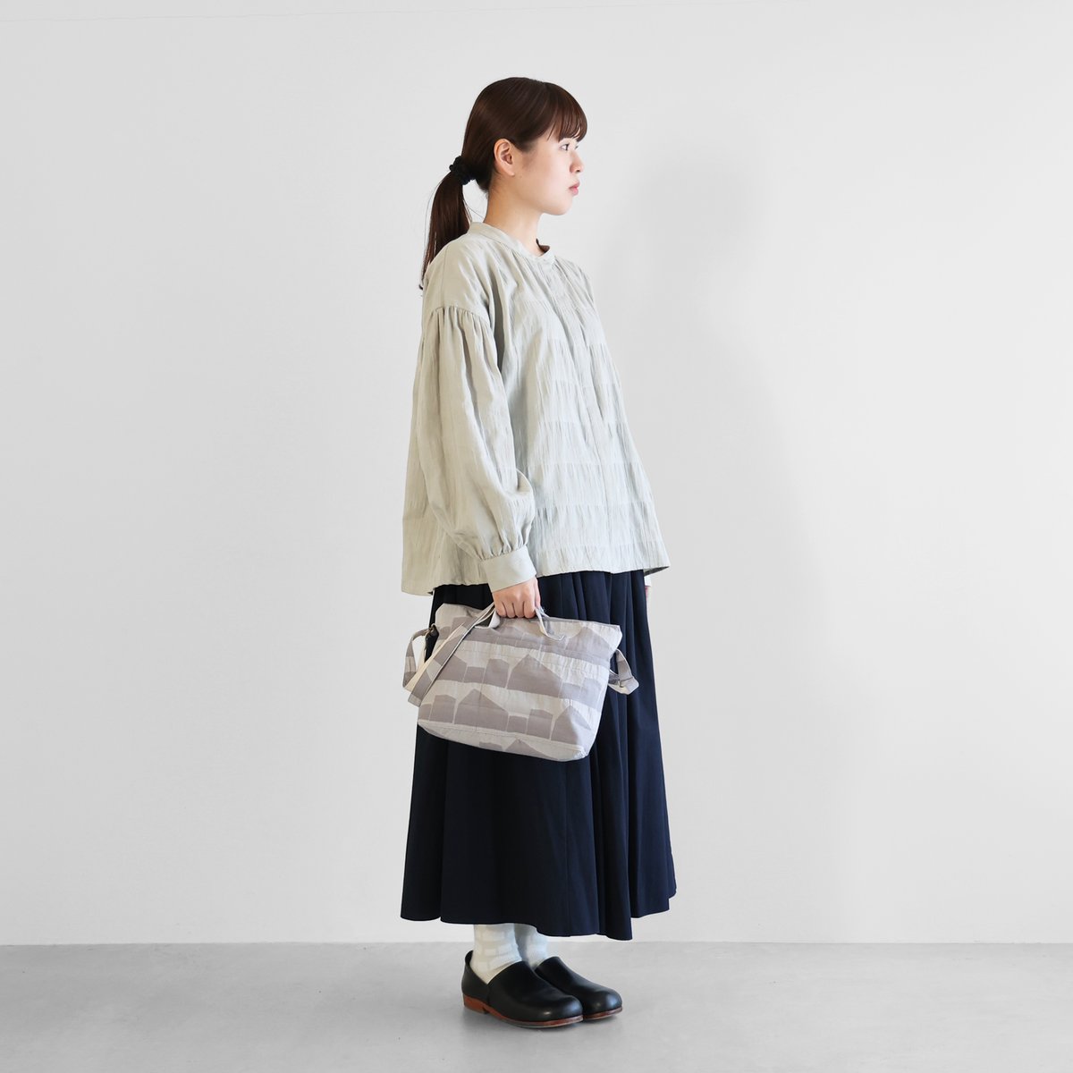 先染め朱子織シャトルジャガード2WAYミニショルダーバッグ（ライト