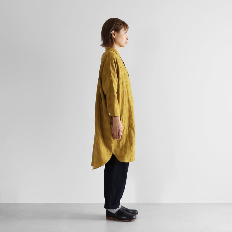 柄二重織シャトルジャガードロングシャツ(マスタード)【ユニ 柄二重織シャトルジャガードロングシャツ(マスタード)【ユニ