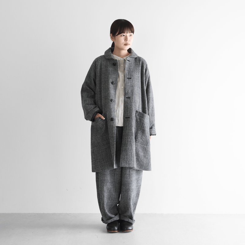 HUIS×尾州”縮絨ウールミドルコート （グレンチェック）【ユニセックス