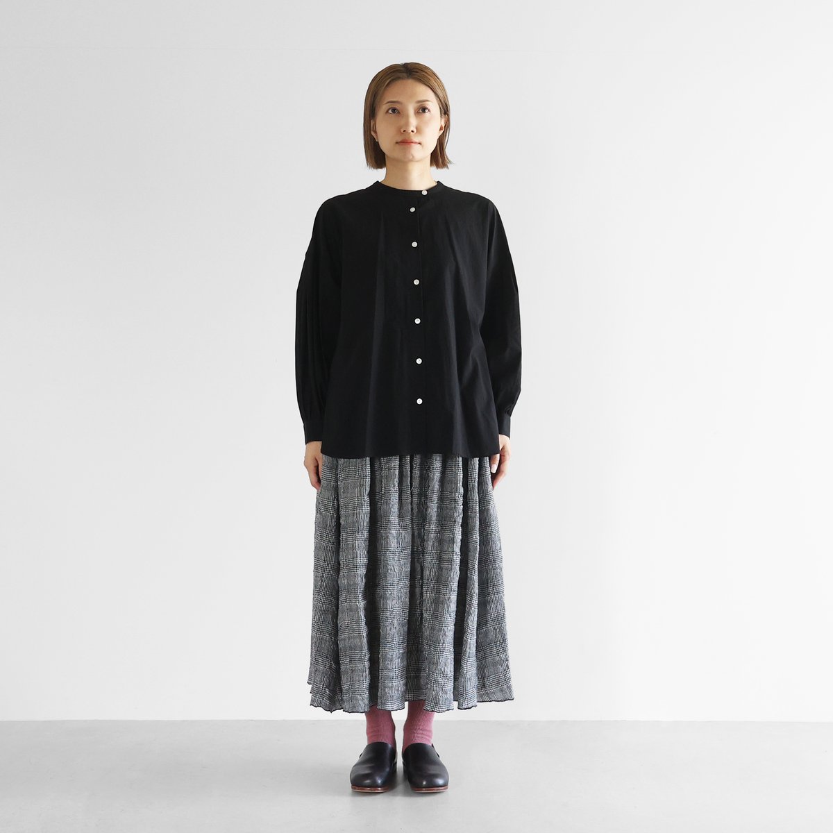 HUIS×尾州”縮絨綿ウールガーゼロングスカート（グレンチェック