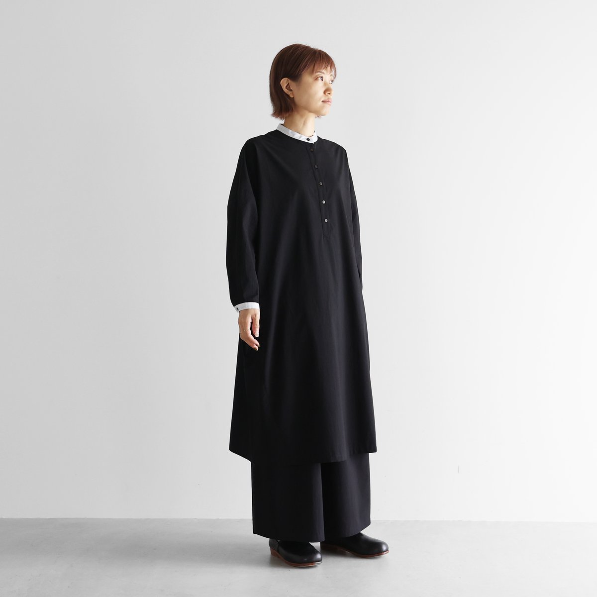 オーガニックコットンバンドカラーワイドワンピース・クレリック