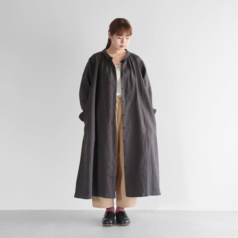 オールドレピアリネン前開きロングワンピース（チャコールグレー