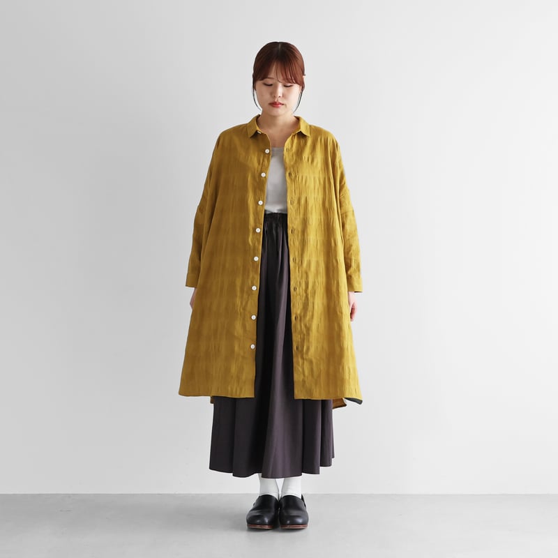 柄二重織シャトルジャガードロングシャツ(マスタード)【ユニ 柄二重織シャトルジャガードロングシャツ(マスタード)【ユニ