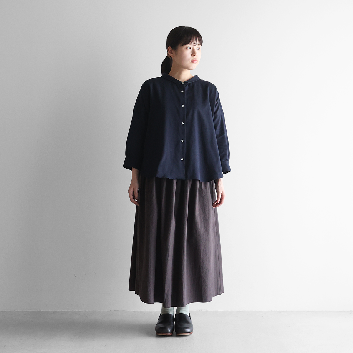 Drawer シルクタフタ テントカラーシャツ ネイビー38 Drawer シルクタフタ テントカラーシャツ ネイビー38