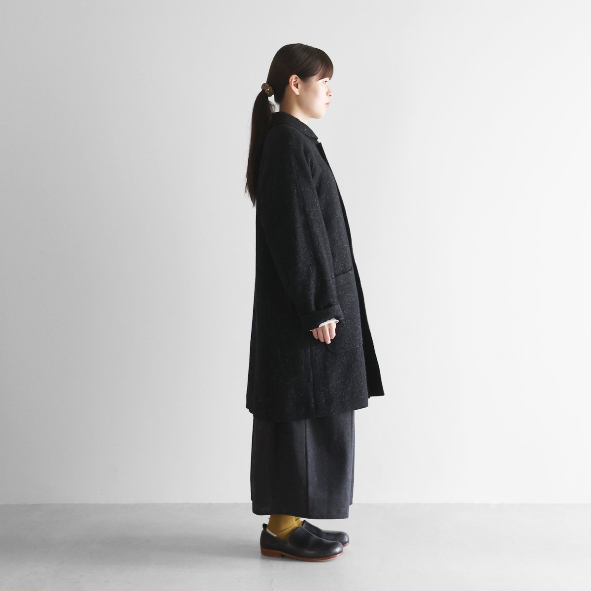 HUIS×尾州”縮絨リネンウールミドルコート （ブラック）【ユニセックス