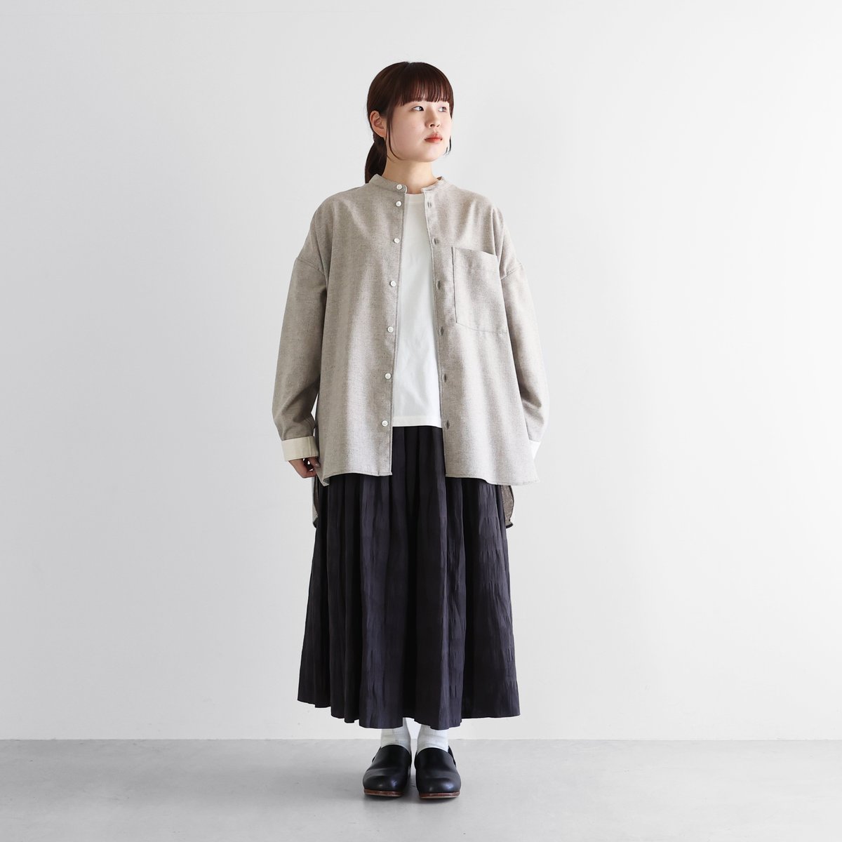 HUIS⭐︎ハウス⭐︎やわらかコットン⭐︎バンドカラーオーバーシャツ⭐︎日本製 HUIS |やわらかコットンバンドカラーオーバーシャツ（ベージュ）【ユニ