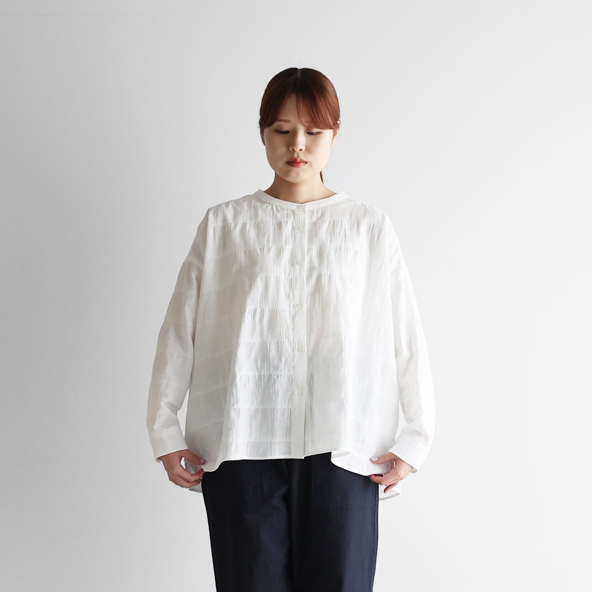 E452/未使用 furuta ブラウス グロリオサ刺繍 バンドカラー 2 白