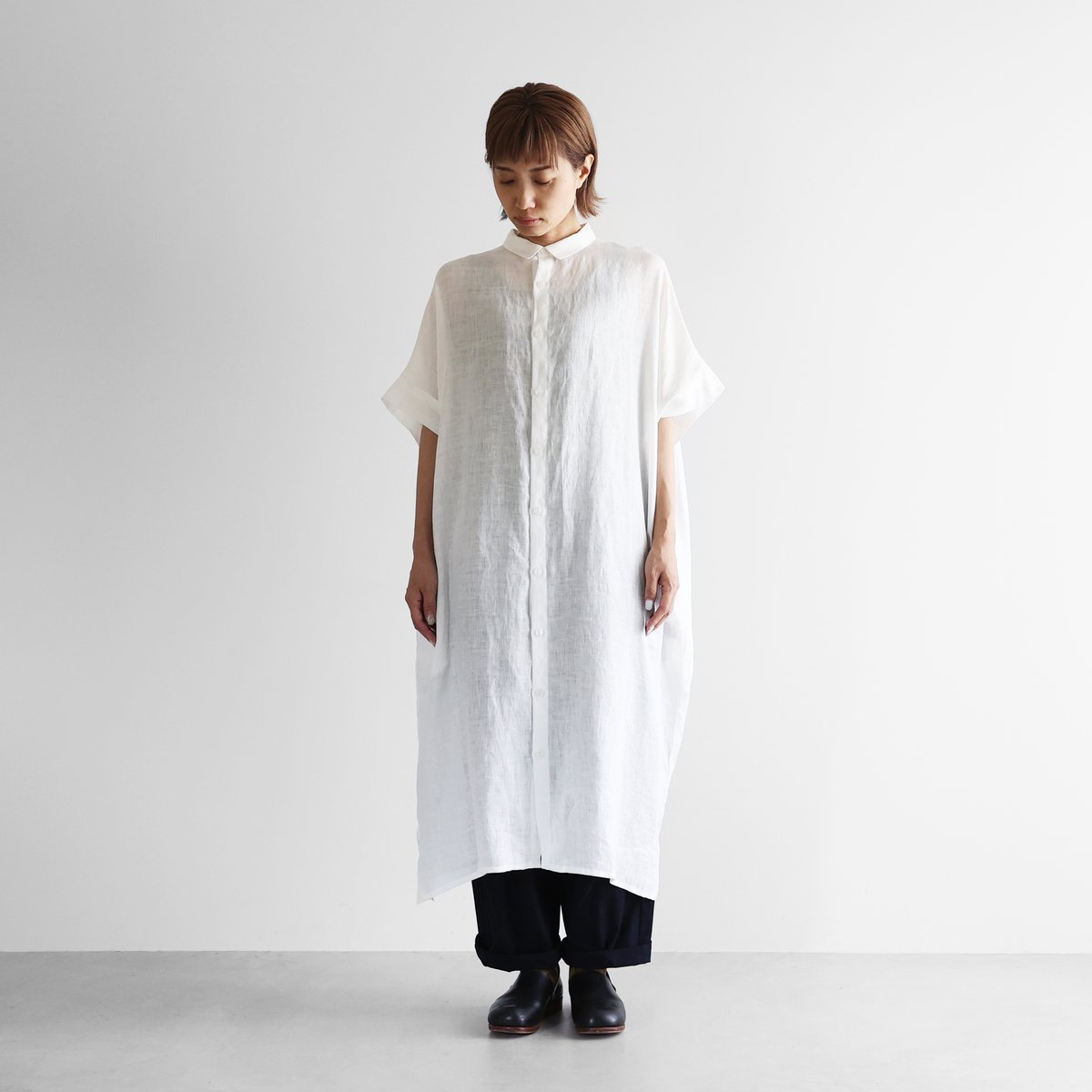 シャトルリネンライトショートスリーブロングシャツ(白)【ユニ シャトルリネンライトショートスリーブロングシャツ(白)【ユニ