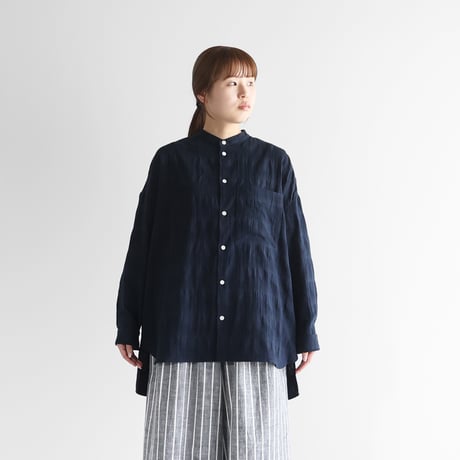 柄二重織シャトルジャガードバンドカラーオーバーシャツ（ダークネイビー）【ユニセックス】015