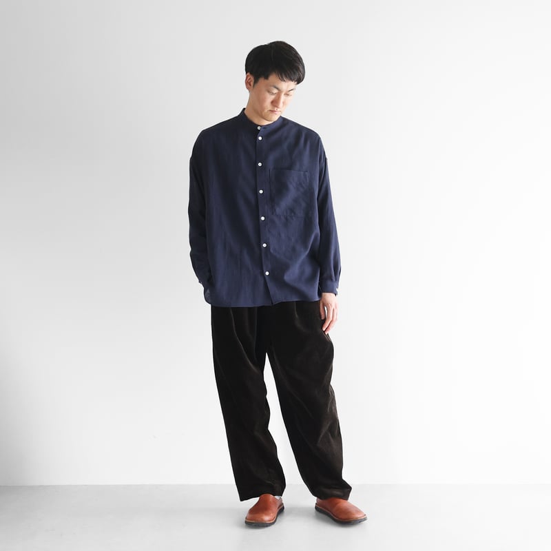 ウォッシャブルウールバンドカラーオーバーシャツ（ネイビー）【ユニ