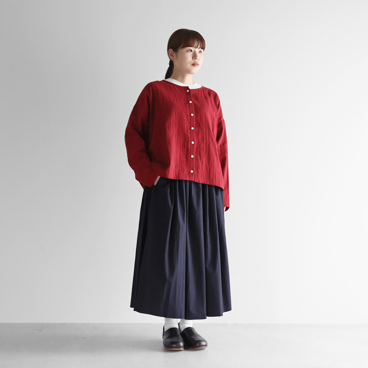 CALICO ネイビー ロングスカート ウエストゴム ギザコットンブロードロングスカート（ダークネイビー
