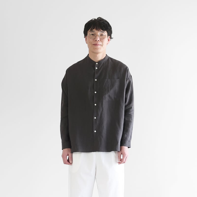 オールドレピアリネンバンドカラーオーバーシャツL（チャコールグレー