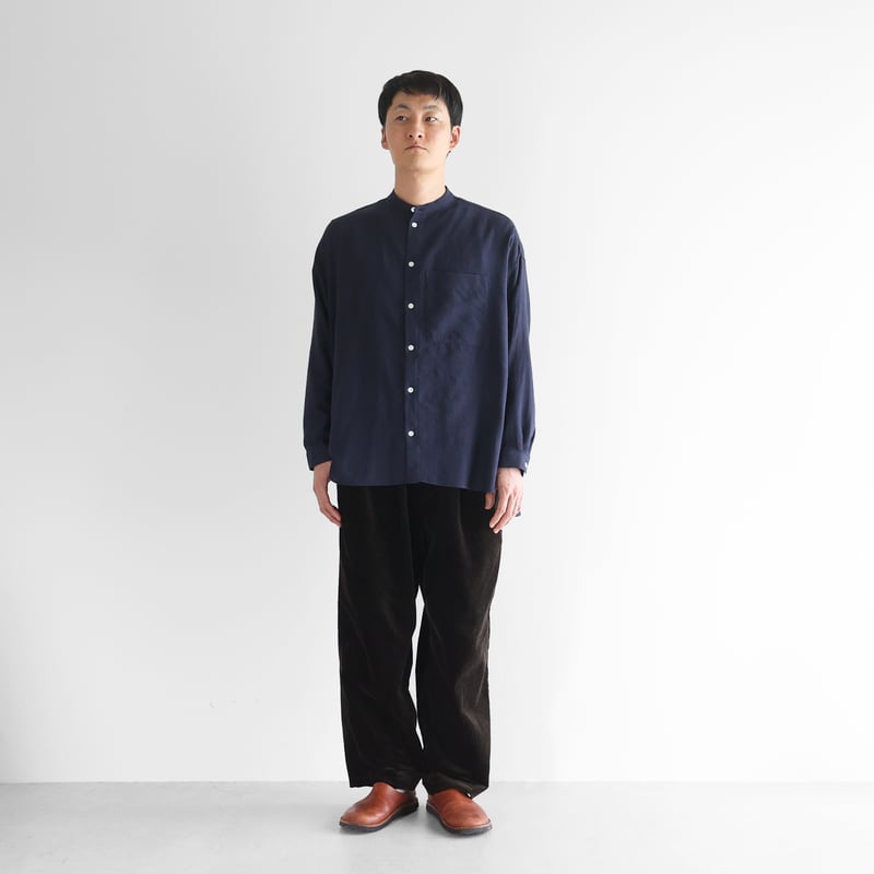 ウォッシャブルウールバンドカラーオーバーシャツ（ネイビー）【ユニ