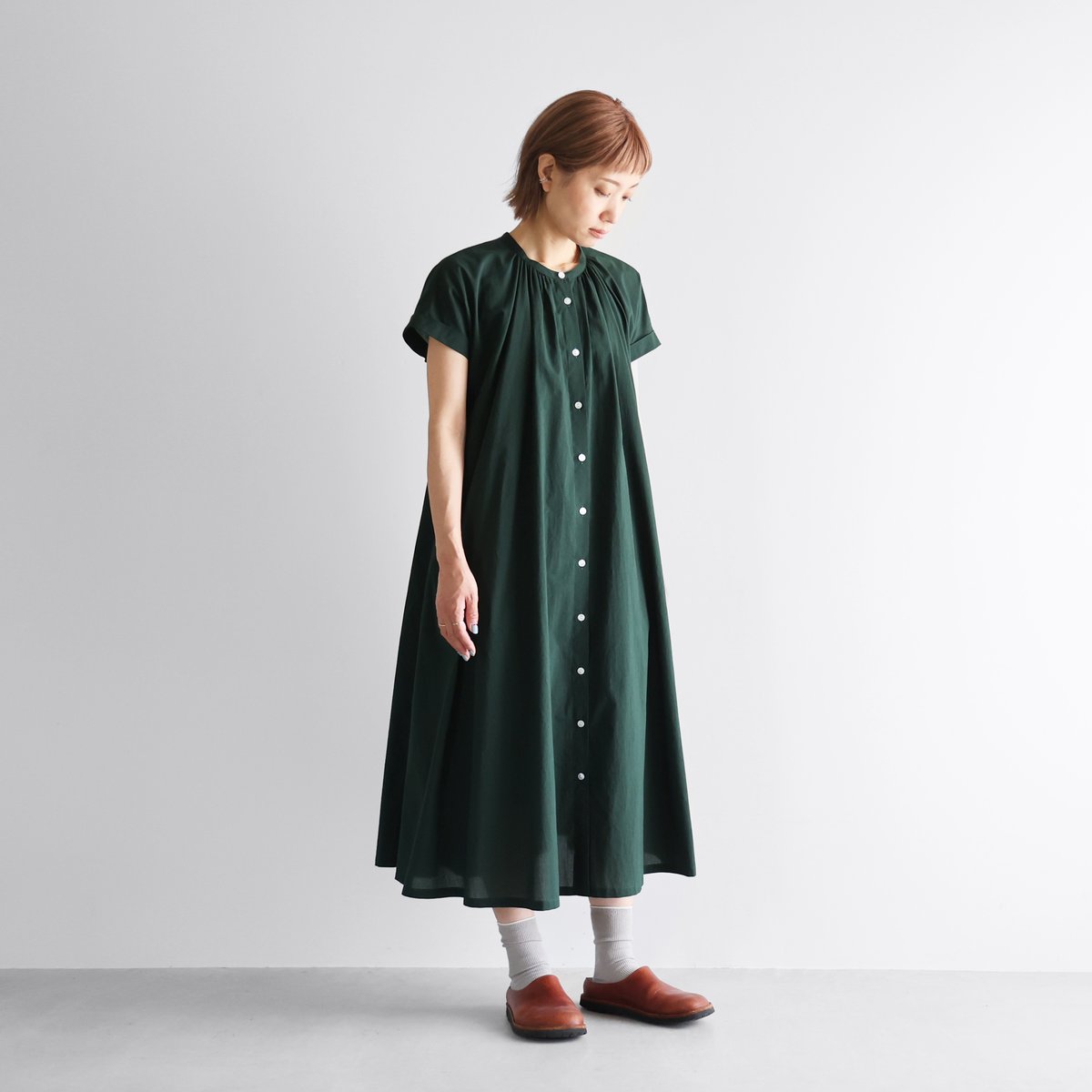 ゆるふわコットンフレンチスリーブワンピース（ダークグリーン  
