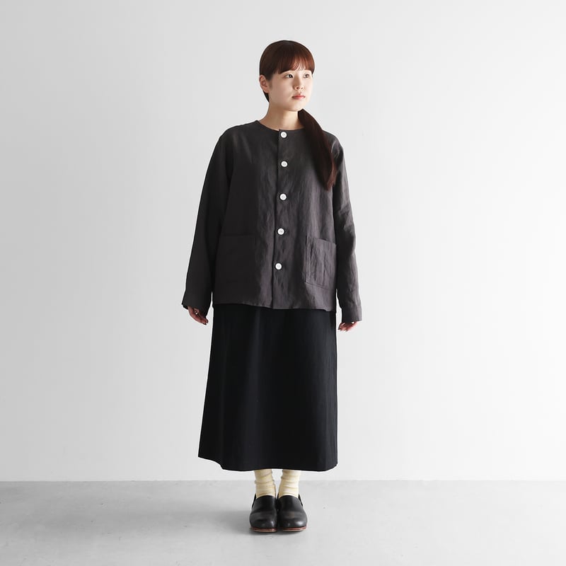 オールドレピアリネンノーカラーシャツジャケット（チャコールグレー
