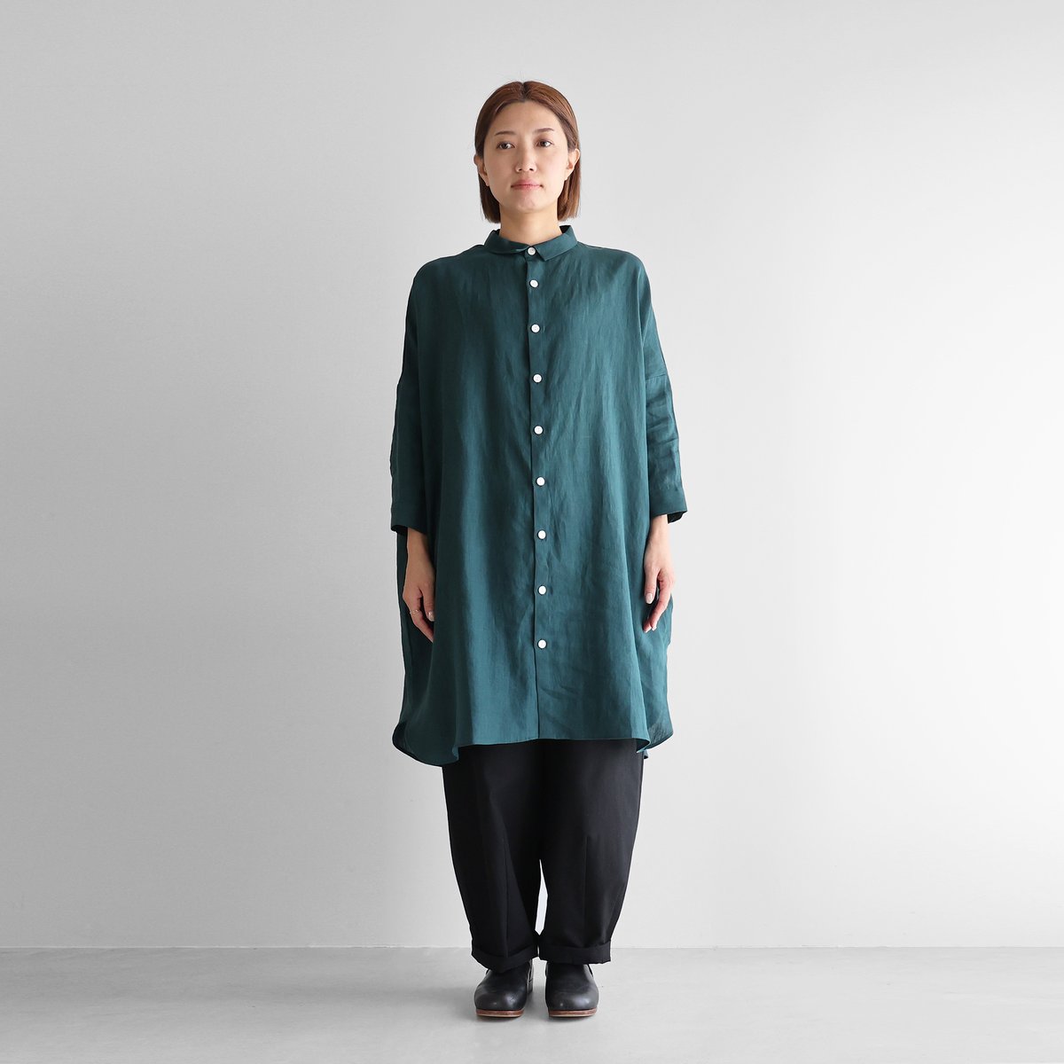 HUIS huis ハウス 遠州織物 やわらかコットン ロングシャツ ダークネイビー