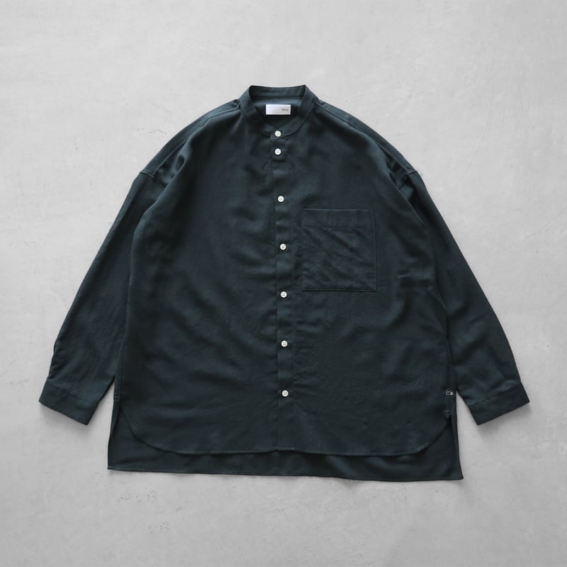 【black.w】ウォッシャブルウールビエラバンドカラーシャツ ウォッシャブルウールバンドカラーオーバーシャツ（ダークグリーン