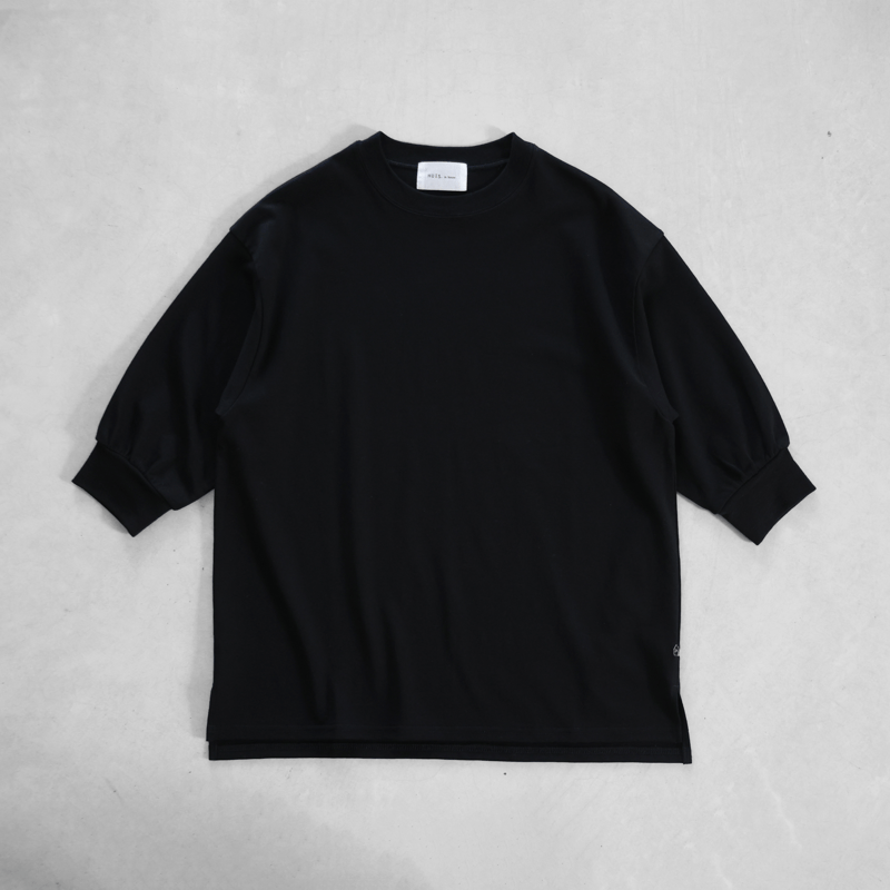 HUIS in house］綿麻天竺7分袖リブカットソー（ブラック）【レディス