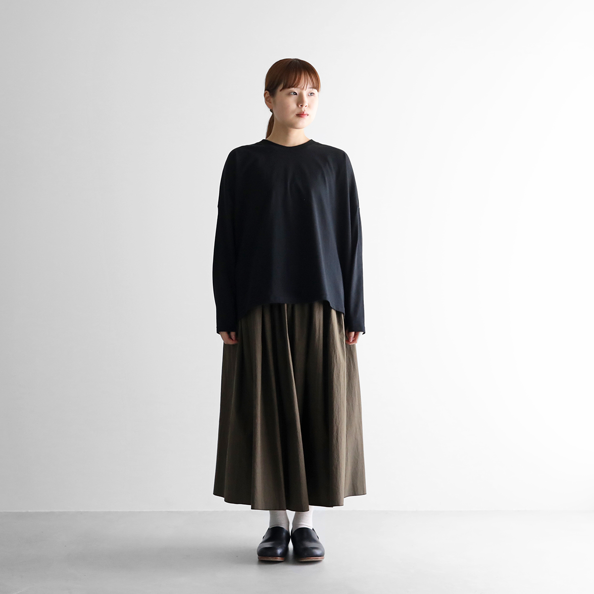HUIS in house］SUVIN COTTON長袖スクエアワイドカットソー（ブラック）