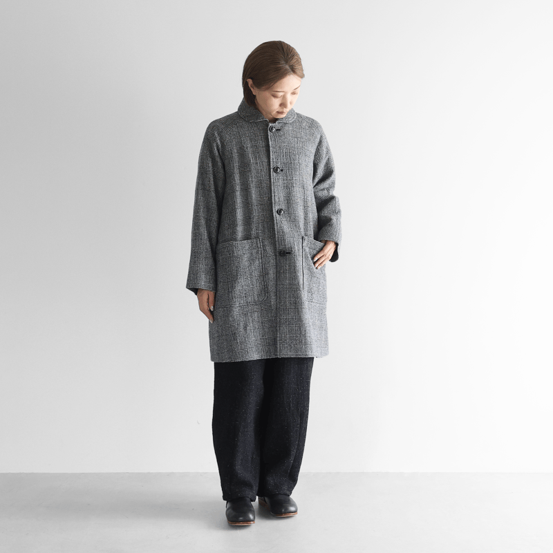 HUIS×尾州”縮絨リネンウールミドルコート （グレンチェック）【ユニ
