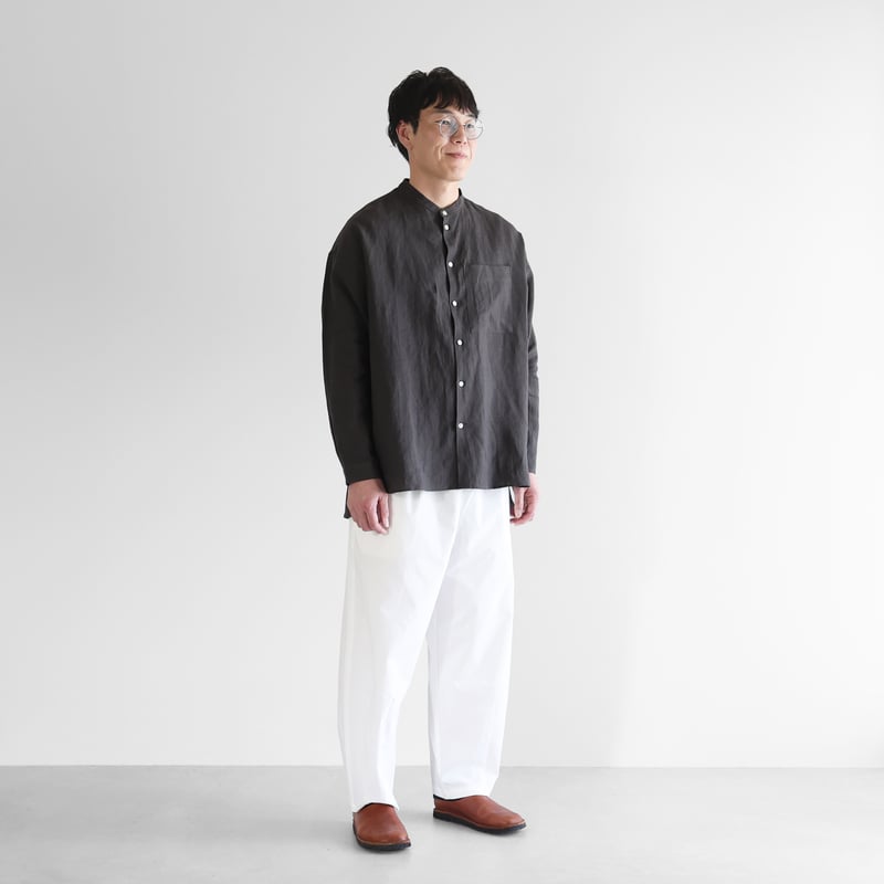 オールドレピアリネンバンドカラーオーバーシャツL（チャコールグレー