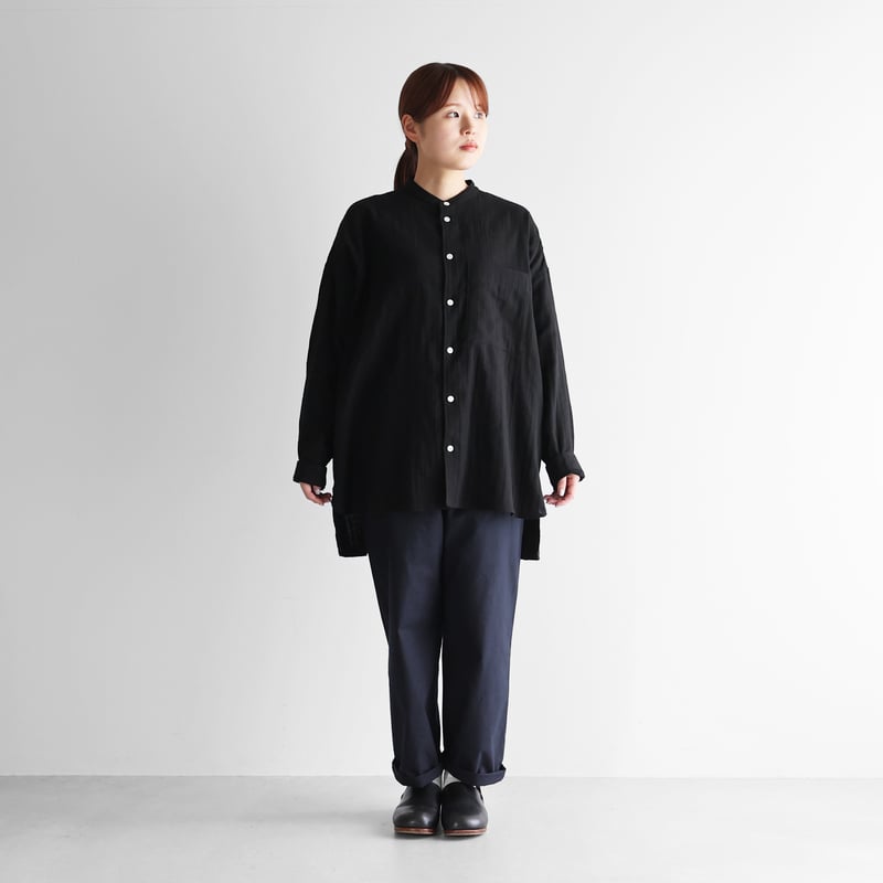 シャトルダブルガーゼバンドカラーオーバーシャツ（ブラック）【ユニ