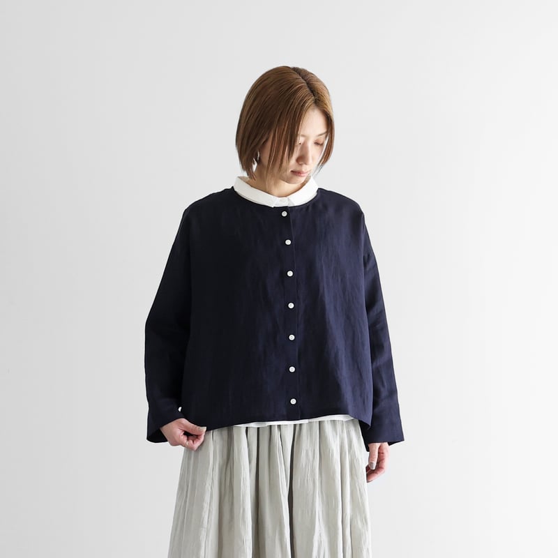 HUIS ハウス遠州織物 シャトルリネンショートカーディガン（ブラック） シャトルリネンショートカーディガン（ダークネイビー）【レディス