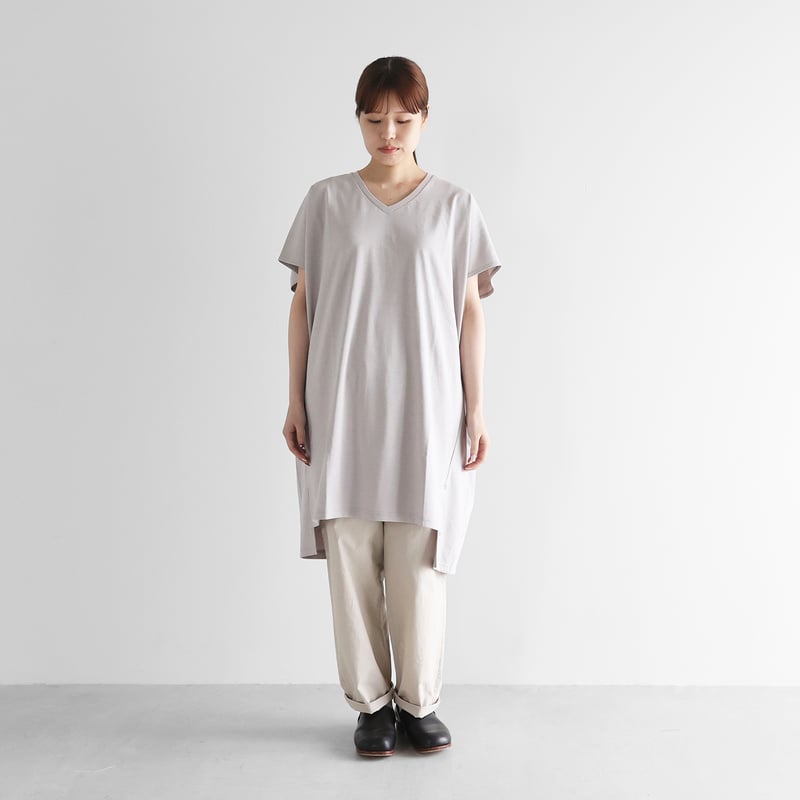 HUIS in house］綿麻天竺半袖Vネックワンピース（シルバーグレー 