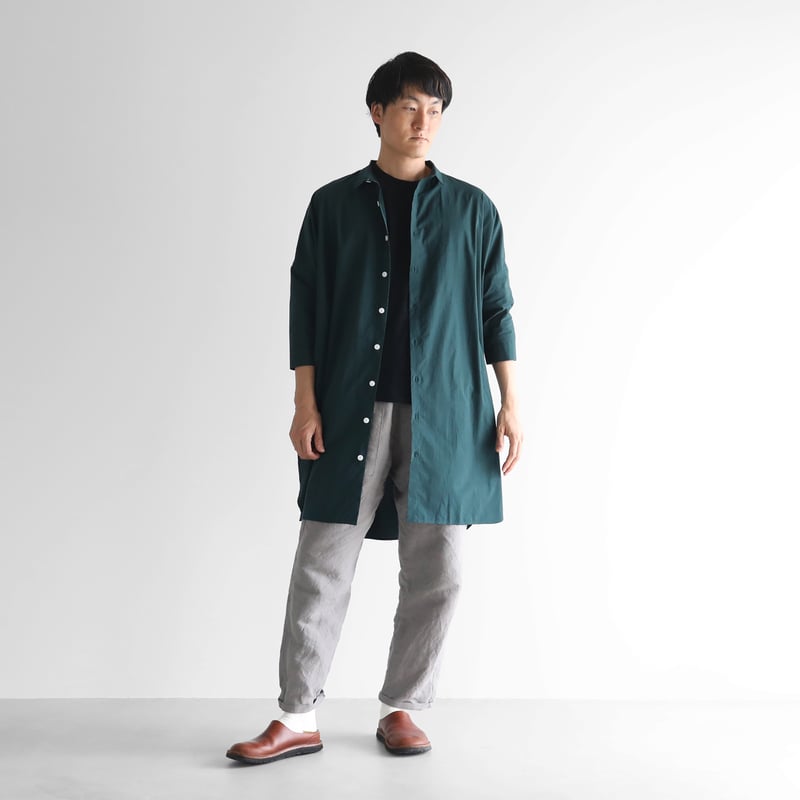 HUIS コットンバンドカラーシャツダークグリーン