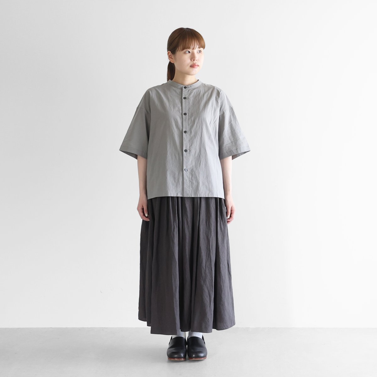 HUIS コットンリネンコクーンプルオーバー ブラウス シャツ ブルー レディース ハウス【中古】5-0720S∞ 5分袖コットンリネンバンドカラーコクーンブラウス（グレー