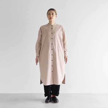 オーガニックコットン起毛ビエラバンドカラーシャツロングワンピース（ピンクベージュ）【レディス】 U218