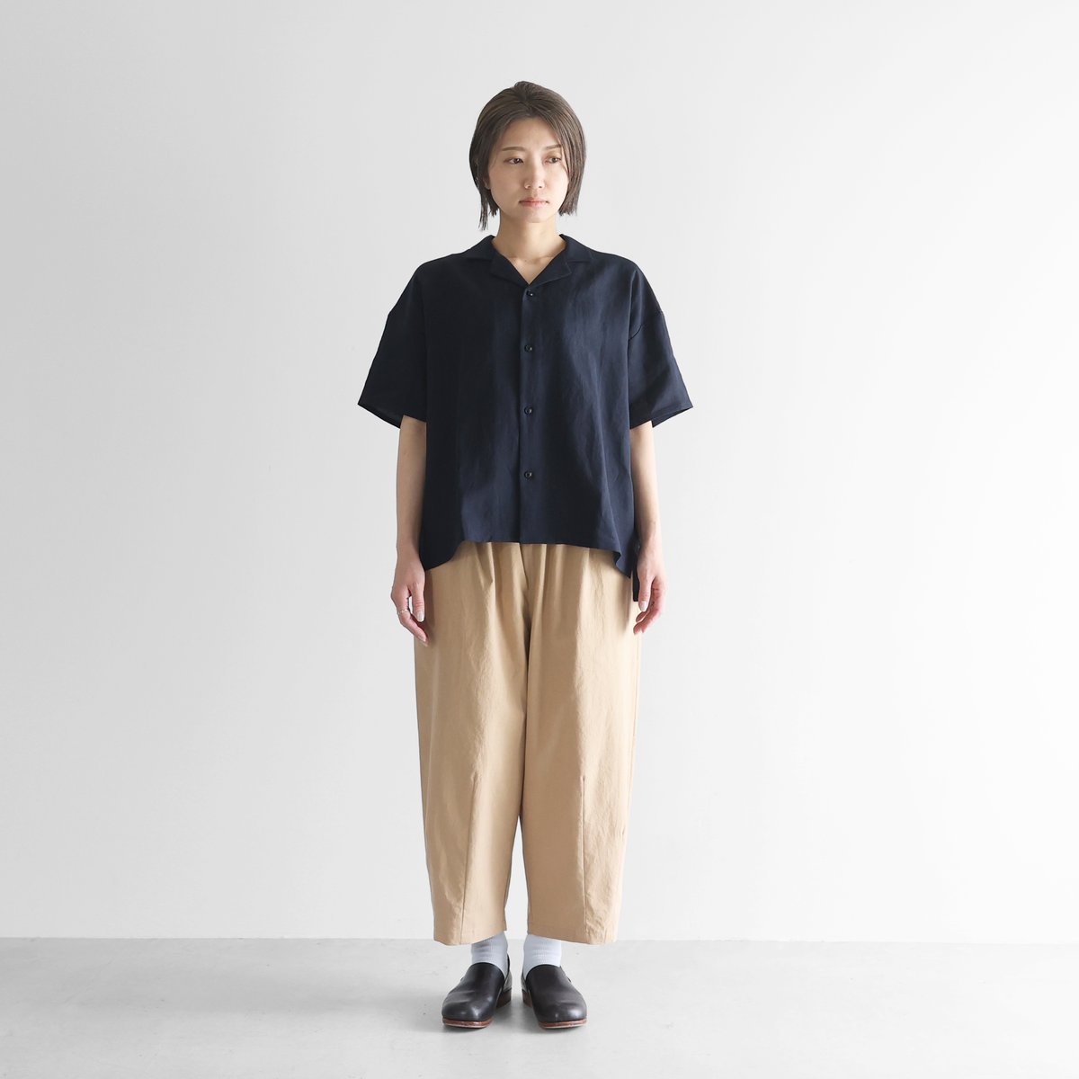 ネイビー 襟付き 半袖シャツ オールドレピアリネンオープンカラー半袖オーバーシャツ（ダーク