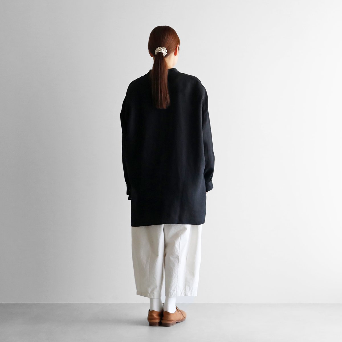 希少☆HUIS.ハウス コットンリネンブラウス ストライプ バンドカラー DANTON/ダントン] バンドカラー コットンリネンストライプシャツ