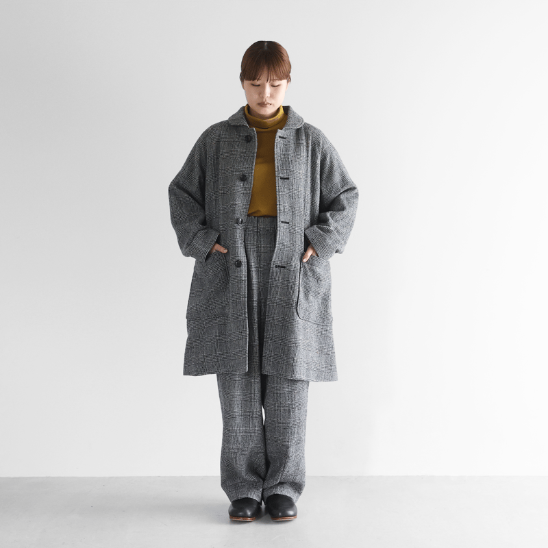 HUIS×尾州”縮絨ウールミドルコート （グレンチェック）【ユニセックス