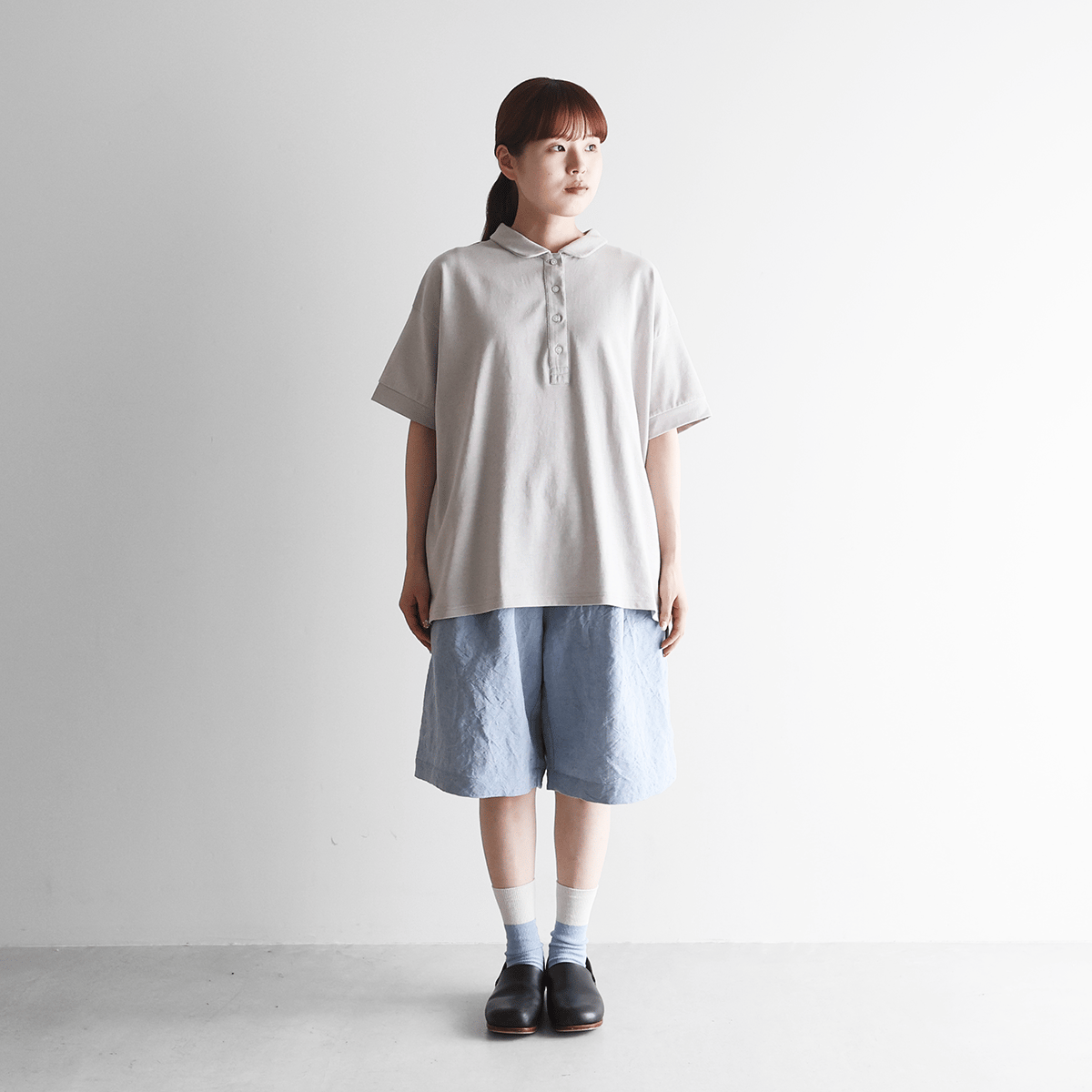 バンブーリネンワイドハーフパンツ（ライトブルー）【ユニセックス