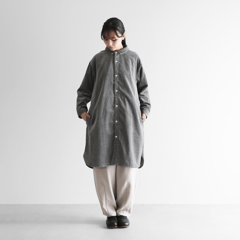 綿麻コーデュロイロングシャツ（細畝・ライトグレー）【ユニセックス