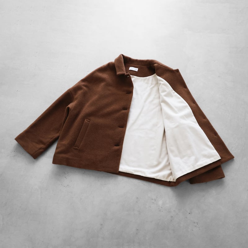 HUIS×尾州”縮絨ウールフランネルワイドショートコート（ブラウン