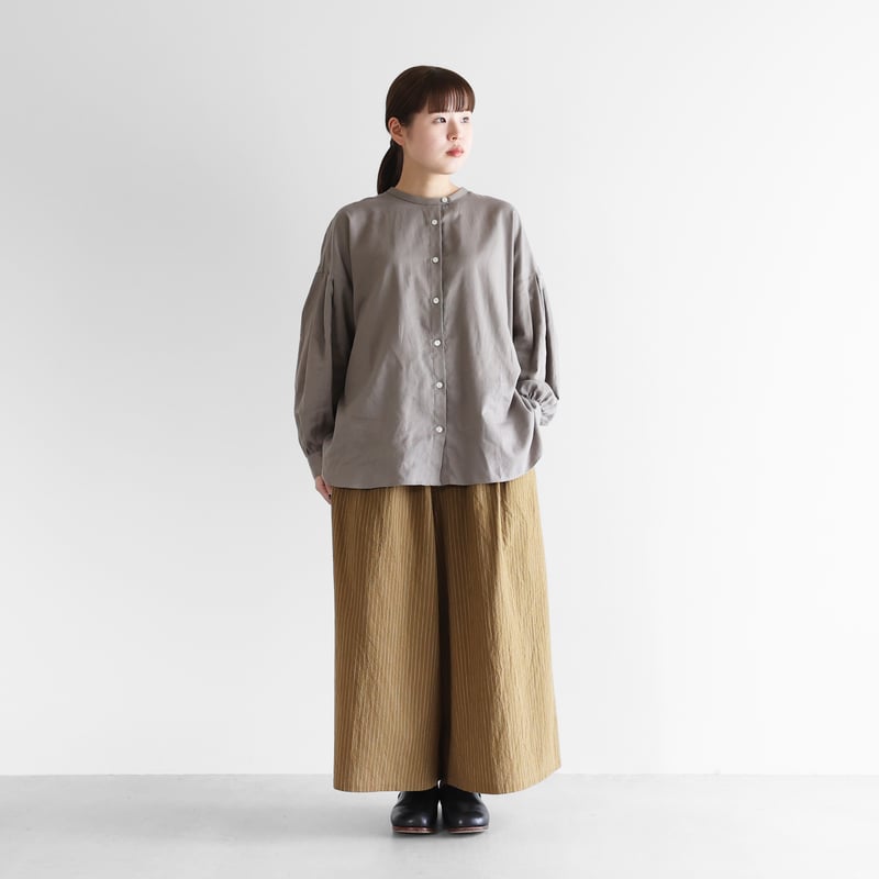 やわらかシーチングコットンスカートパンツ（ブラウンストライプ