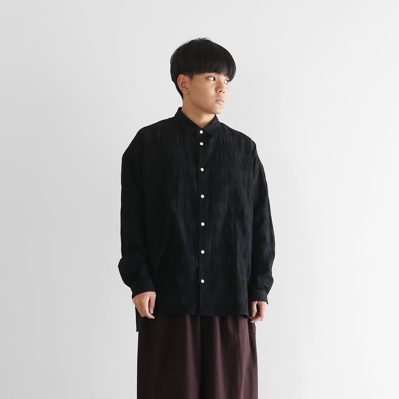 柄二重織シャトルジャガードオーバーシャツL（ブラック）【ユニ