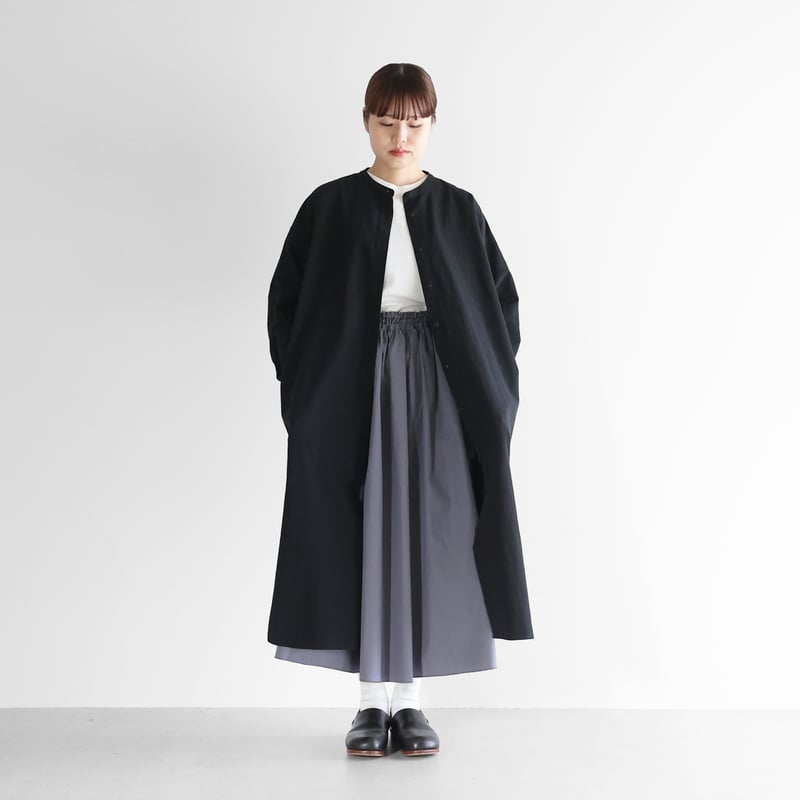 ギザコットンヘンプバンドカラーシャツロングワンピース（ブラック