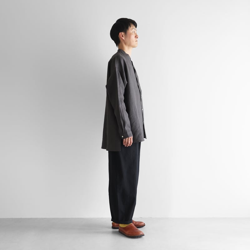オールドレピアリネンバンドカラーオーバーシャツL（チャコールグレー