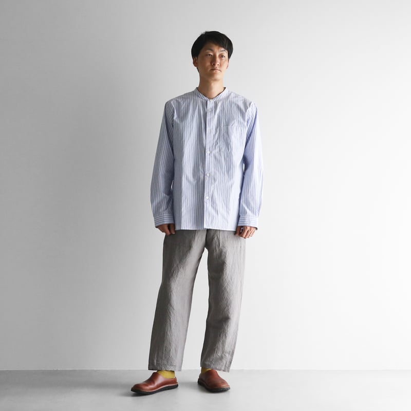 オーガニックコットンバンドカラーシャツ（ラベンダーストライプ  
