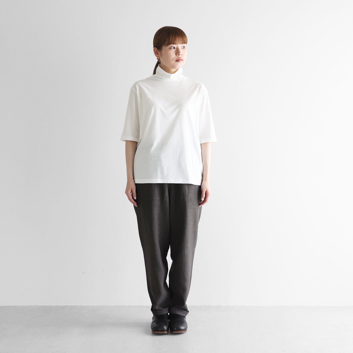 HUIS in house］SUVIN COTTON5分袖タートルネックカットソー（白）【レ