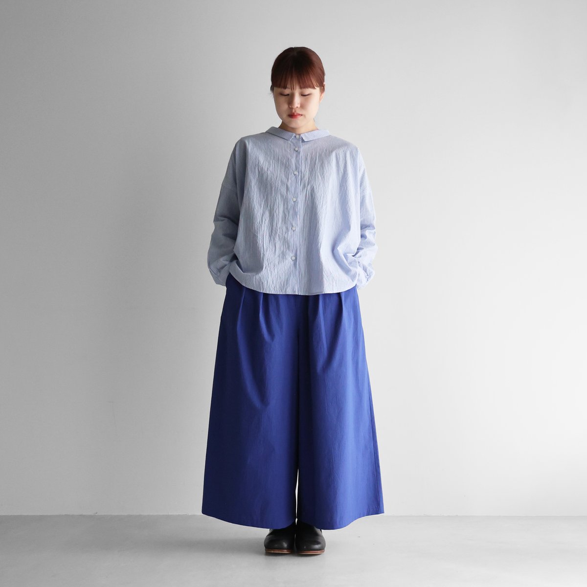 かぐれ レーヨンコットン2wayブラウス  BLUE オーガニックコットンスクエアワイドシャツ（オーシャンブルー