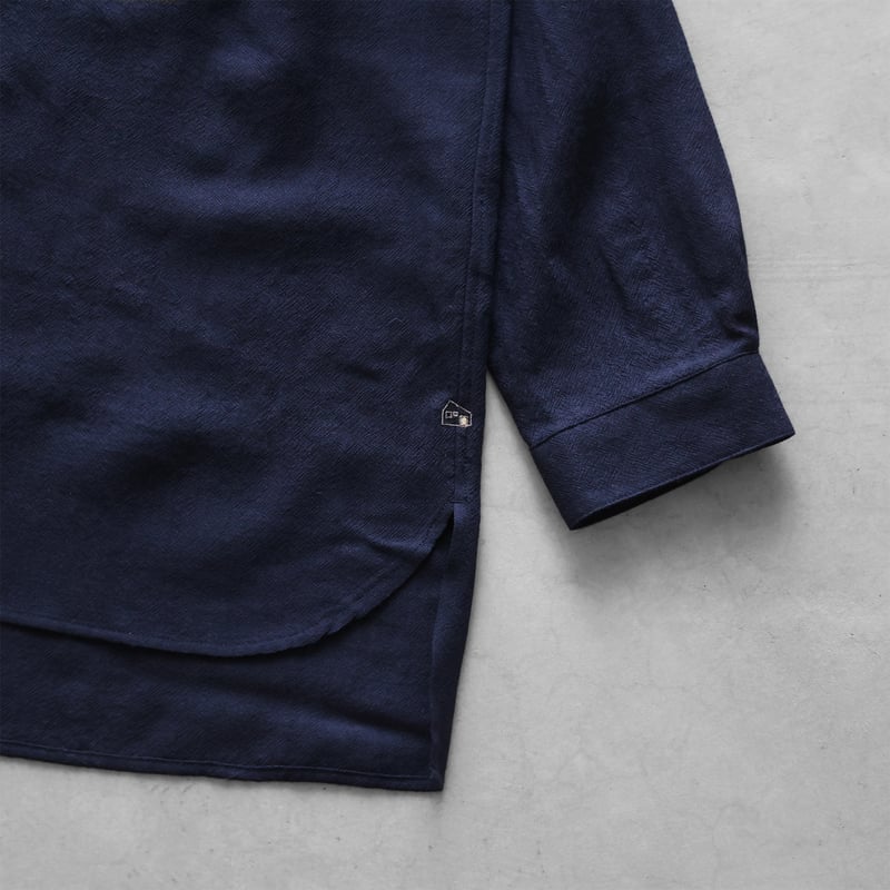 ウォッシャブルウールバンドカラーオーバーシャツ（ネイビー）【ユニ