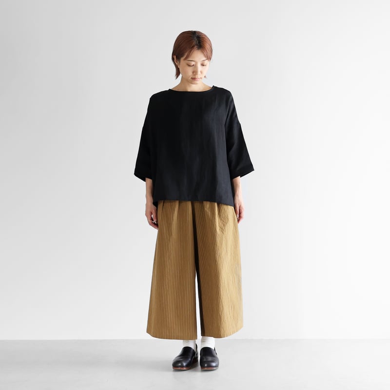 やわらかシーチングコットンスカートパンツ（ブラウンストライプ