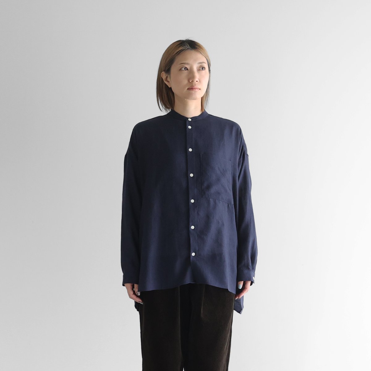 HUIS/ 遠州織物ウォッシャブルウール バンドカラー オーバーシャツ ウォッシャブルウールバンドカラーオーバーシャツ（ネイビー）【ユニ