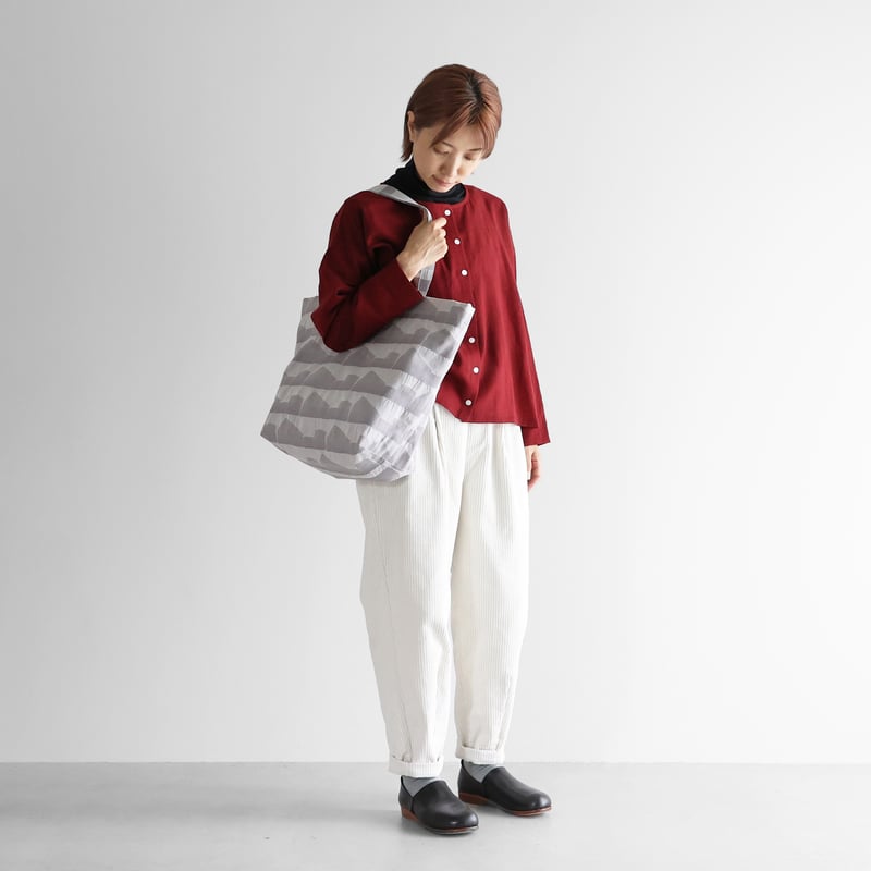 先染め朱子織シャトルジャガードビッグトートバッグ（ライトグレー